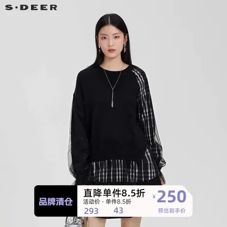 【sdeer奥莱】圣迪奥女装罗纹圆领格纹网纱拼接针织衫S223Z3591图片
