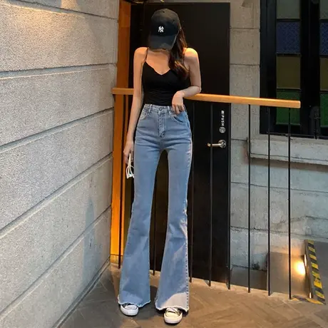 直筒长裤高腰微喇叭裤牛仔裤女2023春秋新款薄款显瘦紧身阔腿裤子图片