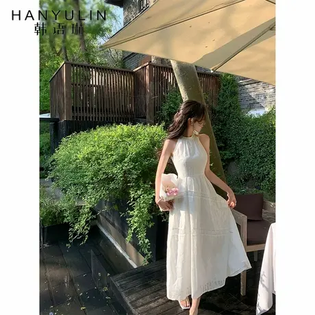 韩语琳 法式白色无袖挂脖露肩连衣裙女气质中长裙女夏季新款2025图片