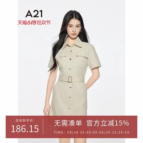 A21女装翻领短袖连衣裙2025夏季新款ins风中长裙系带多口袋工装裙图片