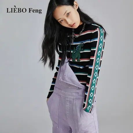 裂帛LIEBOFeng原创设计ins复古亮丝条纹修身百搭时髦长袖针织衫女图片