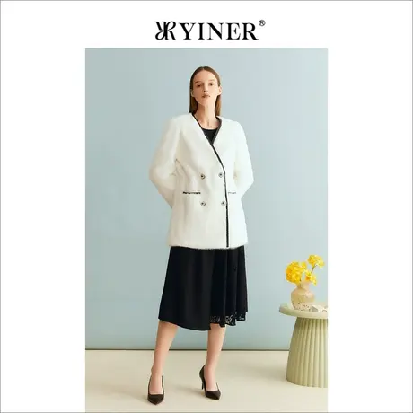 YINER音儿女装冬季法式优雅绒暖水貂毛皮真皮皮草白色外套图片