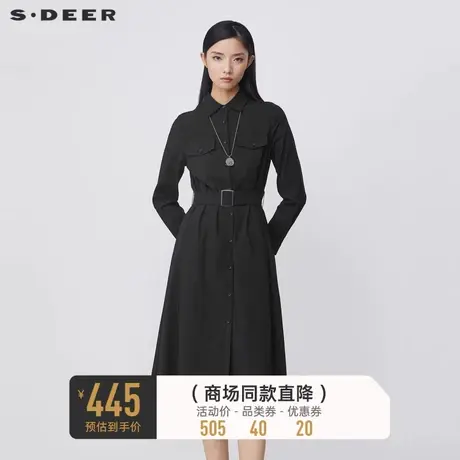 【商场同款】sdeer圣迪奥翻领撞色条纹收腰衬衫连衣裙S21481227图片