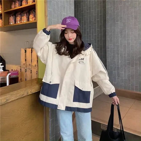 学院风大口袋工装外套女秋季新款韩版学生宽松条纹拼色棒球服潮图片