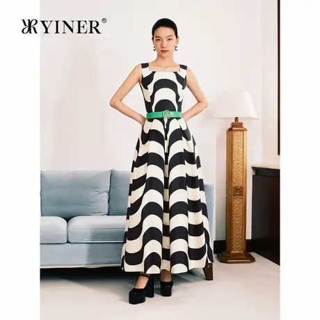 YINER音儿秋羊毛桑蚕丝方领撞色黑白波浪印花连衣裙图片