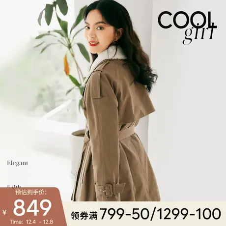 伊芙丽2021年新款冬装外套女羊羔毛领短款夹棉风衣大衣小个子保暖图片