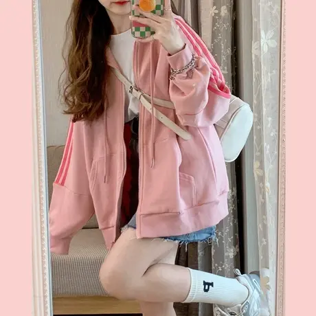连帽卫衣女2023春秋宽松韩版chic港味上衣设计感小众薄款开衫外套图片