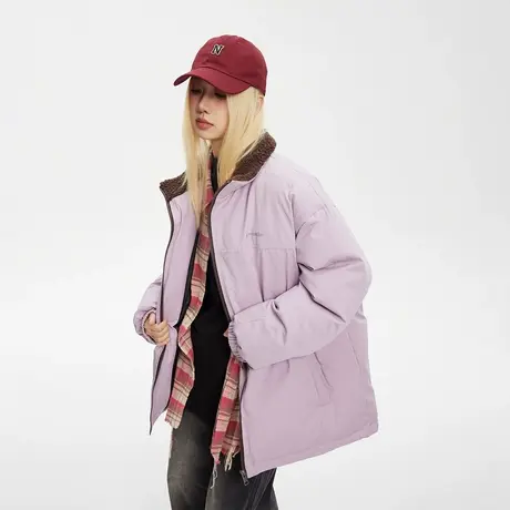 复古羊羔毛拼接立领棉服女冬季2023新款潮牌加厚外套宽松保暖棉衣图片