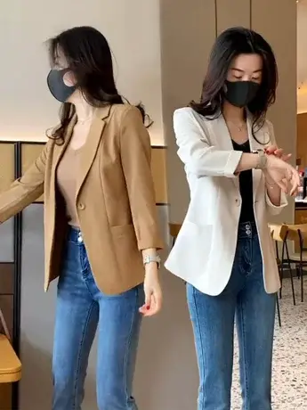 米白色西装外套女春秋薄款2023夏季新款高级感修身休闲小个子西服图片