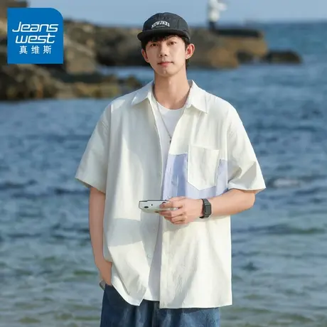 N5真维斯男士短袖衬衫2025夏季新款拼接设计男生休闲宽松百搭衬衣图片