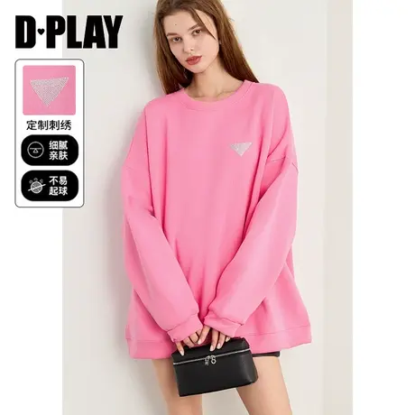 DPLAY【惠品】年冬装慵懒风圆领粉色加厚加绒宽松卫衣图片