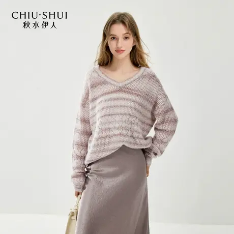 秋水伊人简约针织衫慵懒宽松毛衣V领上衣女图片