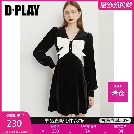 DPLAY秋装新法式复古泡泡袖立体蝴蝶结丝绒大摆连衣裙短款图片