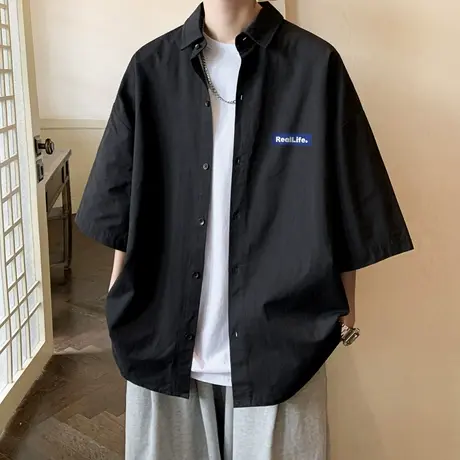 夏季薄款冰丝休闲短袖衬衫男士港风日系大码半袖衬衣外套潮牌男生图片