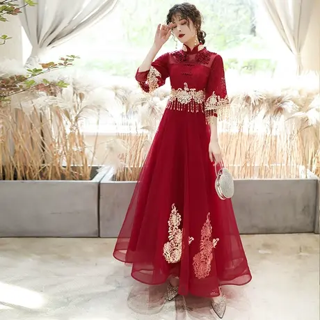 敬酒服新娘2023新款冬季酒红色结婚回门晚礼服女中式中国风秀禾服图片