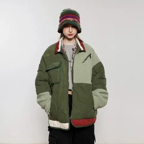 设计感潮牌拼接棉服女冬季加厚羊羔毛外套2023年新款复古宽松棉衣图片