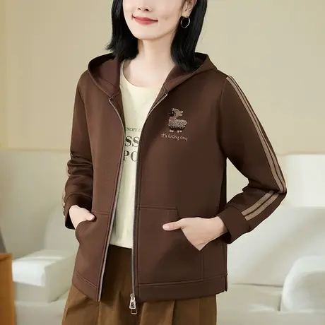 休闲连帽卫衣外套女春秋2024年新款美拉德色系中年女士休闲上衣潮图片