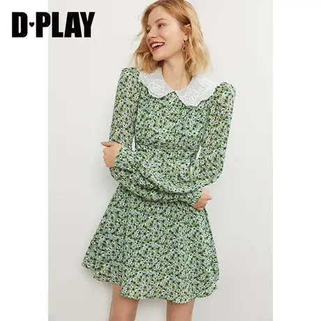 DPLAY秋装新款法式温柔繁花绿影蕾丝娃娃领长袖连衣裙图片