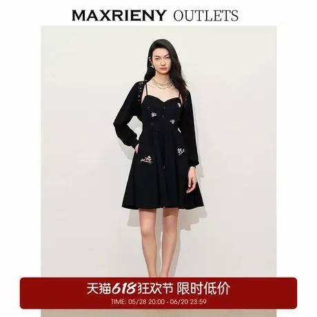 【奥莱】MAXRIENY复古优雅兰花小黑裙吊带连衣裙图片