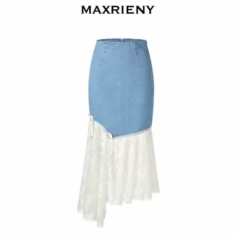 【奥莱】MAXRIENY牛仔裙蕾丝半身裙不规则拼接短裙图片