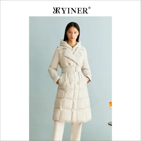 【聚暖白鹅绒】YINER音儿女装冬季长款连帽衍绣羽绒服图片