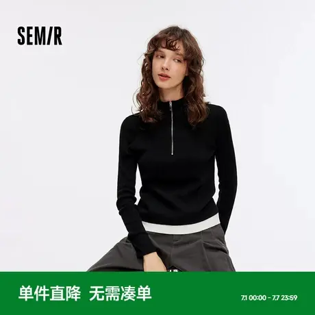 森马毛衣女短款撞色假两件百搭女士内搭秋季半开襟修身毛衫简约风图片