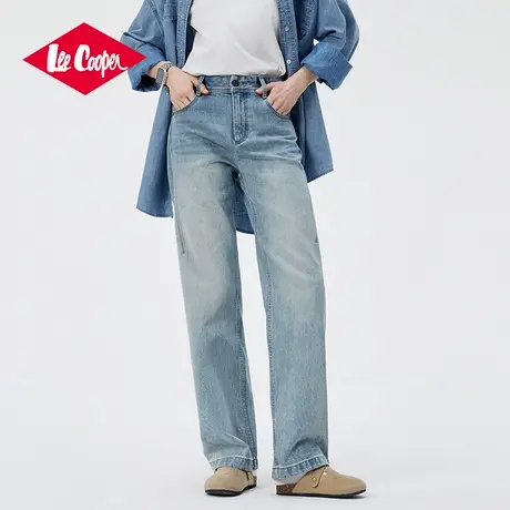 Lee Cooper/李库珀 轻解构复古做旧宽松浅蓝色全棉直筒牛仔长裤女图片