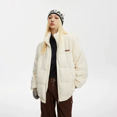 潮牌立领灯芯绒棉服女冬季2023年新款复古加厚外套宽松面包服棉衣图片
