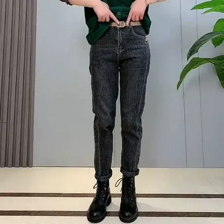 腰带牛仔裤女春装2023年新款高腰显瘦哈伦裤直筒萝卜老爹裤子女潮图片
