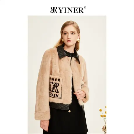 YINER音儿女装2022冬季新款POLO领撞色高阶水貂皮草图片