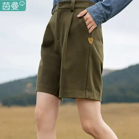茵曼毛呢西装短裤女2024新款春秋季高腰休闲裤子百慕大中裤五分裤图片