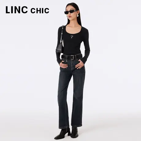 LINCCHIC金羽杰直筒牛仔裤女2023年秋季新款灰蓝色高腰宽松长裤图片