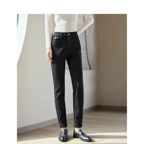 茵曼加绒小脚牛仔裤2023冬女装新款通勤高腰弹力修身显瘦百搭长裤图片