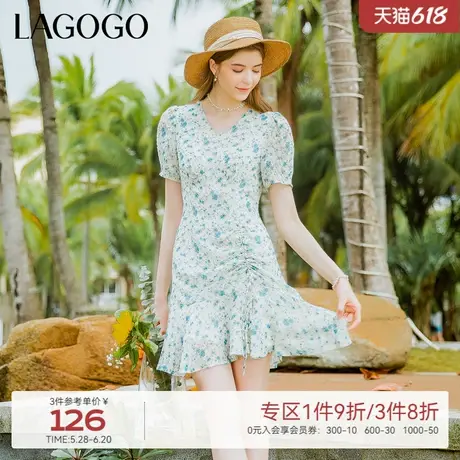 LAGOGO不规则碎花茶歇气质连衣裙女拉谷谷夏季新款显瘦泡泡袖裙图片