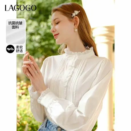 【抗菌抗皱】LAGOGO法式木耳边白衬衫女士拉谷谷春秋长袖立领上衣图片