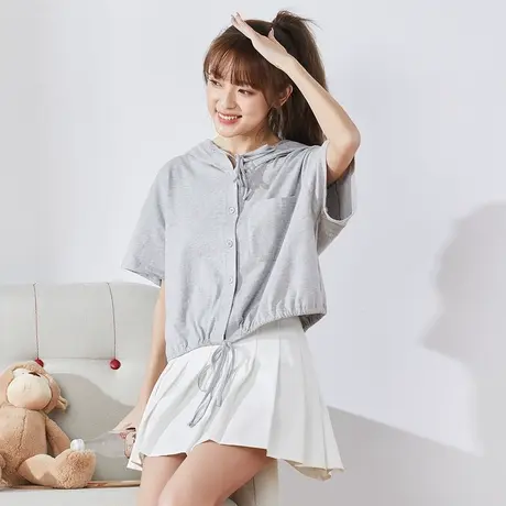 唐狮短款连帽半袖卫衣女2021夏季新款灰色纯棉外套ins潮宽松上衣图片