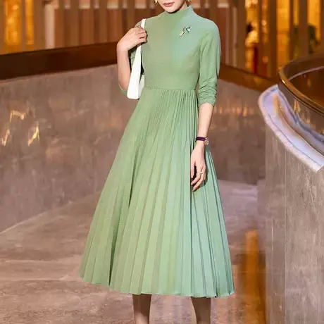 夏季连衣裙女2025年新款优雅气质时尚中长款收腰立领七分袖百褶裙图片