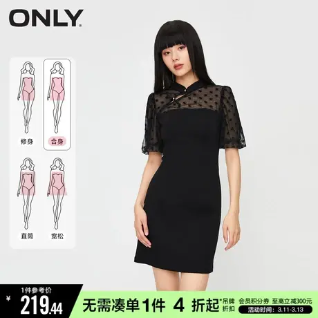 ONLY冬季中国风泡泡袖满印拼接牛仔连衣裙女|123342018图片