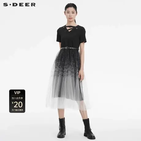 sdeer圣迪奥女装时尚镂空V领收腰网纱短袖连衣裙S22281256图片