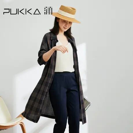 蒲PUKKA 中长款棉质风衣女春装新款设计感格纹上衣商场同款图片