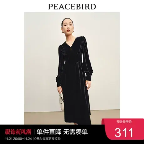 太平鸟 冬季气质百搭长款连衣裙女士V领丝绒收腰长裙奥莱图片
