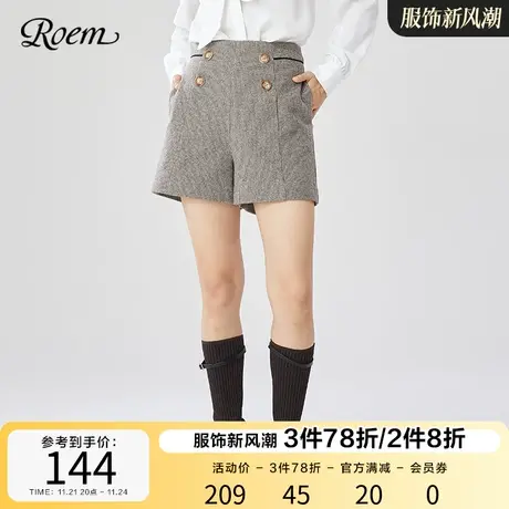 Roem格纹复古短裤春秋 新款舒适显瘦高腰阔腿裤子女RCTCB8T01B图片