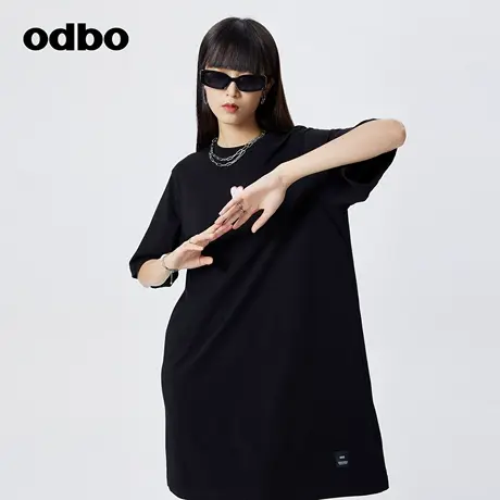 odbo/欧迪比欧休闲气质黑色短袖连衣裙女春季新款宽松显瘦T恤裙子图片