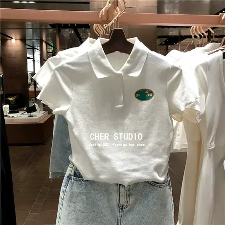 短袖t恤女2021夏季新款青春女装polo衫白色体恤花边百搭短款上衣图片