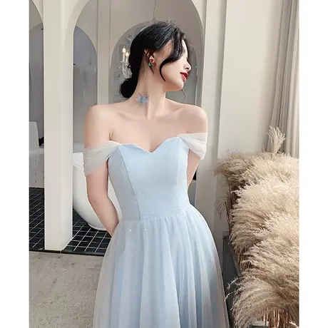 宴会一字肩晚礼服裙女高贵名媛度假网纱长裙脚踝仙气森系连衣裙夏图片