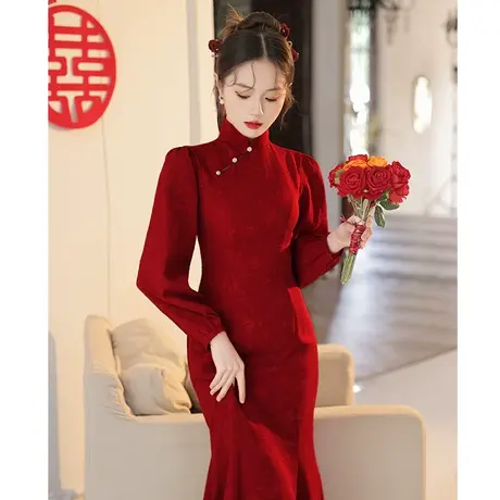 长袖敬酒服2024新款新娘礼服结婚订婚连衣裙酒红色鱼尾蕾丝秋冬季图片