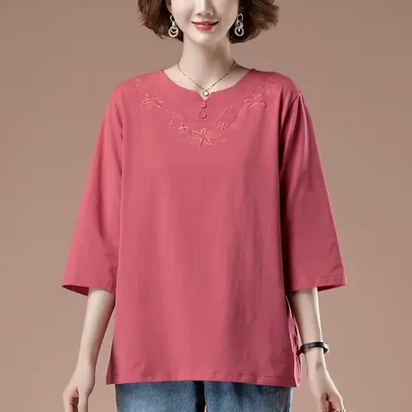 七分袖t恤女春夏加肥加大码女装宽松中年妈妈纯棉显瘦中袖打底衫图片