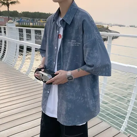 冰丝扎染短袖衬衫男生夏季韩版潮牌衬衣薄款宽松大码上衣印花外套图片
