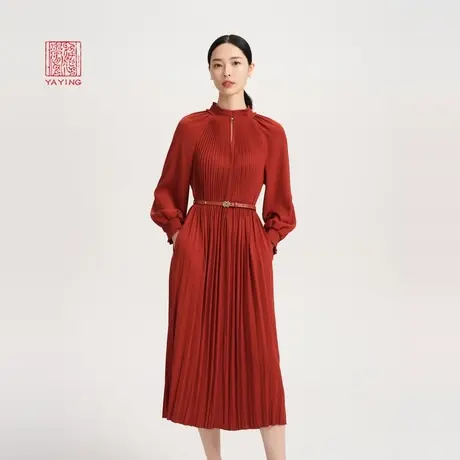 EP雅莹高端系列 红色优雅腰带设计立领灯笼袖压褶连衣裙 4824A图片