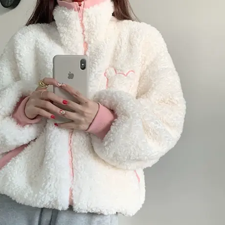 羊羔毛卫衣女秋冬宽松韩版设计感小众上衣慵懒风加绒加厚开衫外套图片